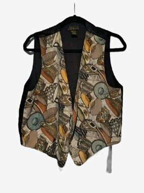 Vintage 90s Express Silk Teacup Novelty Print Vest Teapot Buttons OS